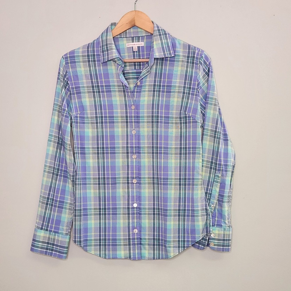 Peter Milar Womens M blue plaid long sleeve button up shirt casual preppy